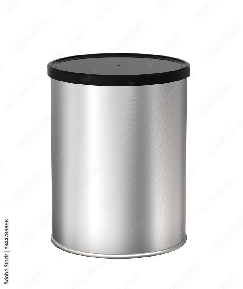 Round Metal Tin Can with Black Plastic Lid. Container for Coffee