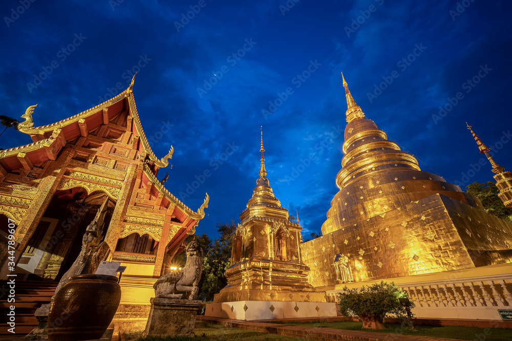 Wat phra singh temple twilight time in Chiang mai Thailand, Blue hour sky and Temple.