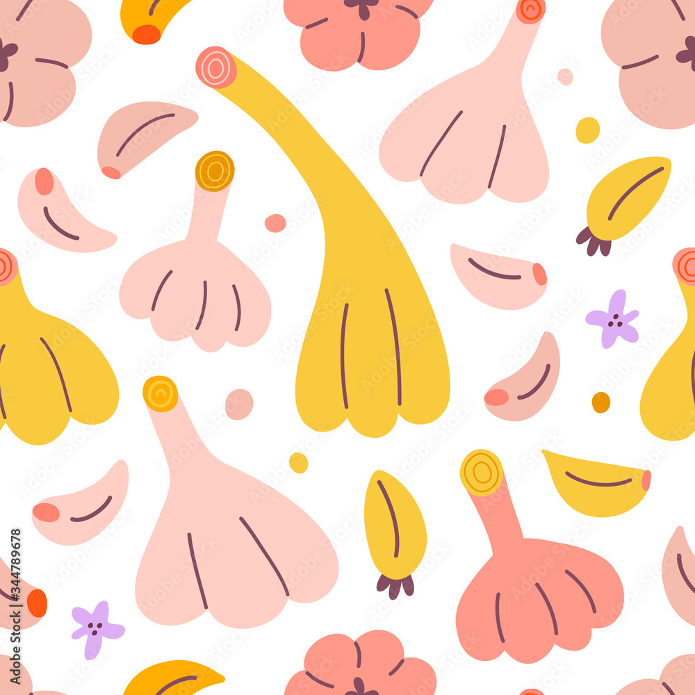 Garlic pattern, bubls and gloves, colorful doodle drawing, seamless vector ornament, hand drawn food illustration, print for kitchen textile, vegetable drawing Garlic pattern, bubls and gloves, colorful doodle drawing, seamless vector ornament, hand drawn food illustration, print for kitchen textile, vegetable drawing