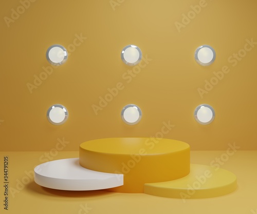 White yellow gold product stand on background. Abstract minimal geometry concept. Studio podium platform theme. Exhibition business market presentation stage. 3D illustration render graphic design