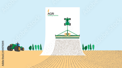 Abstract vector illustration - imitation of a tractor on a sheet of paper. A tractor with a sevalka pulled into a piece of paper.