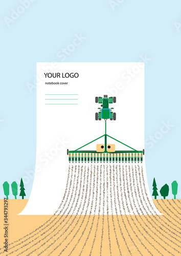 Abstract vector illustration - imitation of a tractor on a sheet of paper. A tractor with a sevalka pulled into a piece of paper.