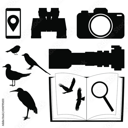 Birding set: silhouette of a birds with photocamera icon, telephoto lens and binoculars, phone and guide to the birds. Vector stock illustration