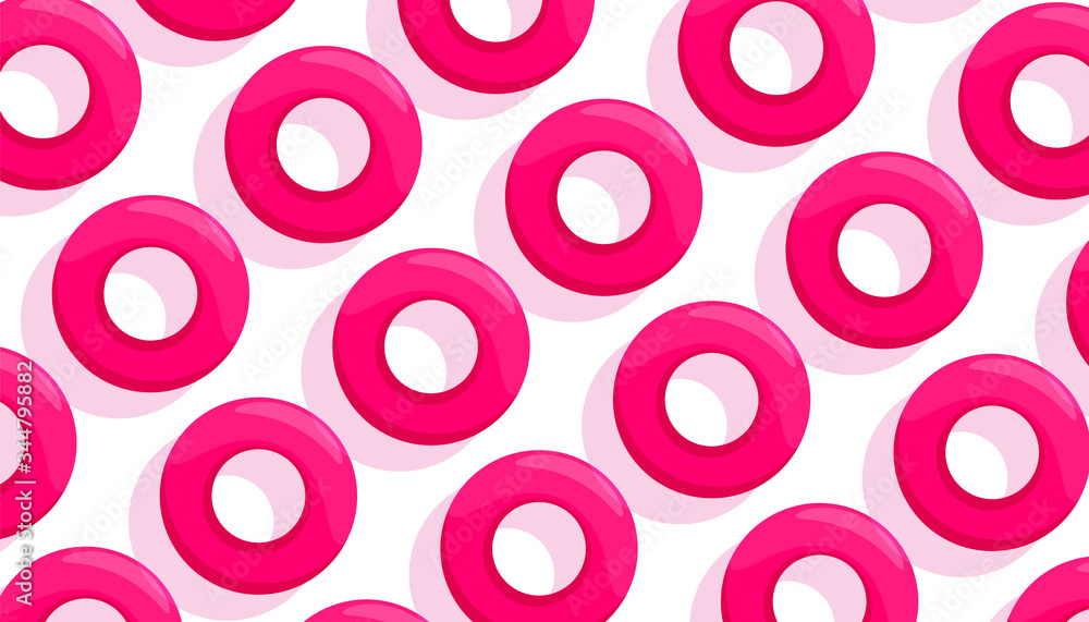 Creative pattern of pink rubber circles for swimming on a white background