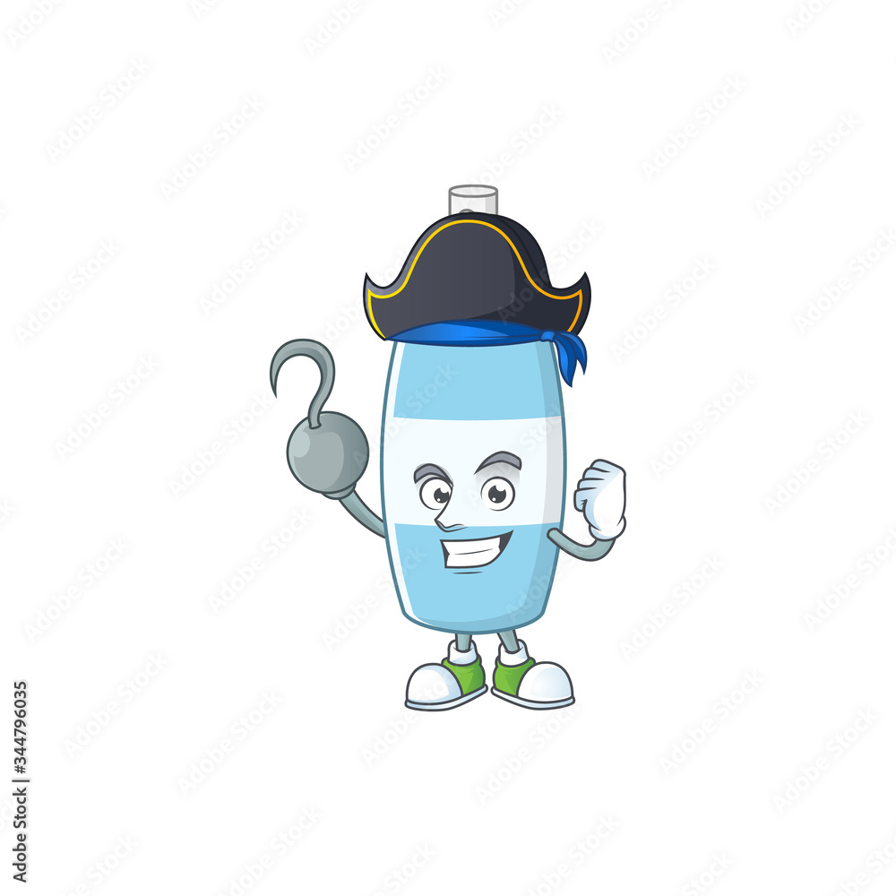 Cool pirate of spray hand sanitizer cartoon design style with one hook hand Cool pirate of spray hand sanitizer cartoon design style with one hook hand