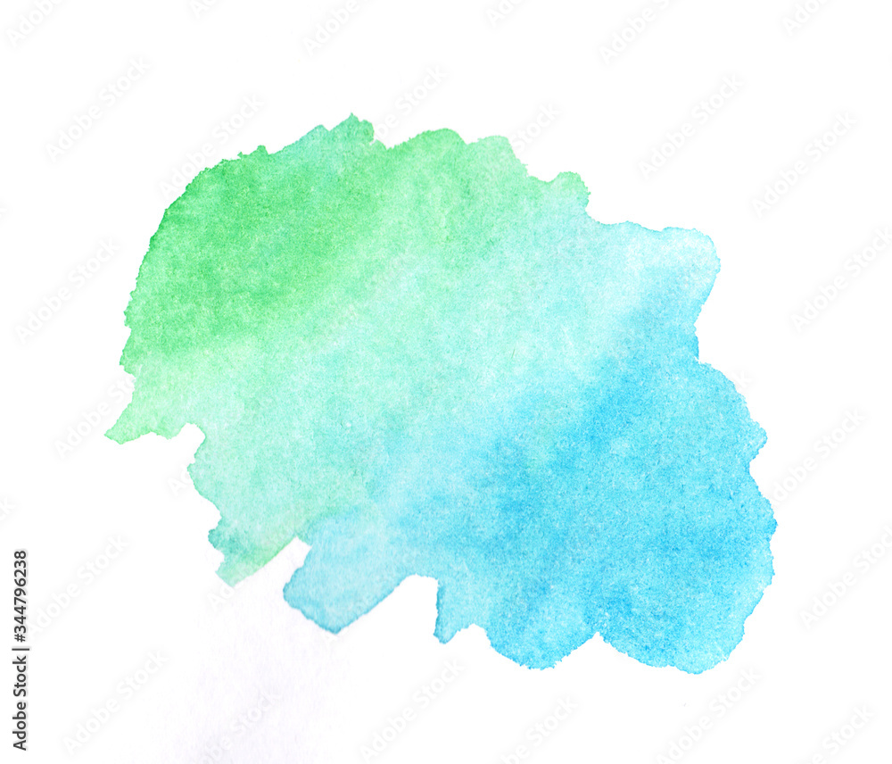 Abstract hand drawn watercolor background. Beautiful blue and light green on white print. Painting texture. Color splashing on paper. Aqua drop element