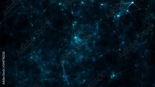Conceptual mesh of quarks and quantum particles in physical depiction of floating light streaks. Blue  shiny glowing 3D animation with selective focus and extreme depth of field on black background.