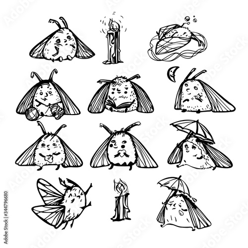 A set of vector illustrations with cute moths: sad and funny under an umbrella,with a candle, with soap bubbles, with a heart, with a flower, looking at the moon, reading, knitting.