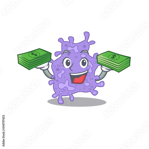A wealthy staphylococcus aureus cartoon character having money on hands