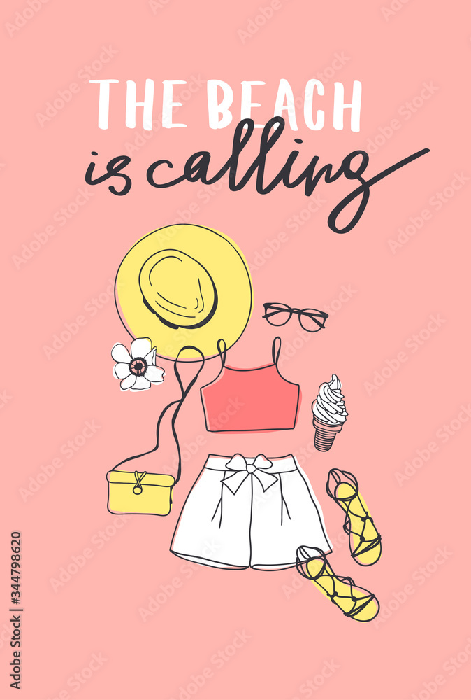 Hand drawn Fashion Illustration Summer Outfit and text. Season Look on Orange Vector Background and lettering. Artistic Doddle Drawing Actual Wear and quote. Creative Ink Art Work Hand drawn Fashion Illustration Summer Outfit and text. Season Look on Orange Vector Background and lettering. Artistic Doddle Drawing Actual Wear and quote. Creative Ink Art Work