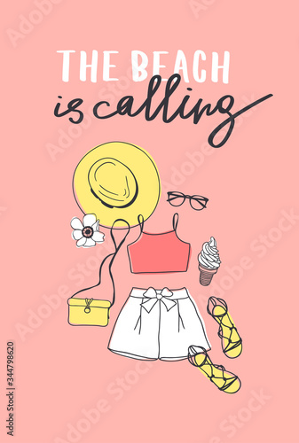 Hand drawn Fashion Illustration Summer Outfit and text. Season Look on Orange Vector Background and lettering. Artistic Doddle Drawing Actual Wear and quote. Creative Ink Art Work