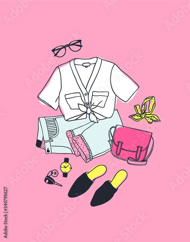 Hand drawn Fashion Illustration Summer Outfit. Season Look on Orange Vector Background. Artistic Doddle Drawing Actual Wear. Creative Ink Art Work
