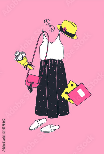 Hand drawn Fashion Illustration Summer Outfit. Season Look on Orange Vector Background. Artistic Doddle Drawing Actual Wear. Creative Ink Art Work