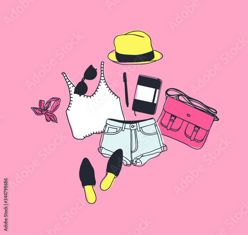 Hand drawn Fashion Illustration Summer Outfit. Season Look on Orange Vector Background. Artistic Doddle Drawing Actual Wear. Creative Ink Art Work