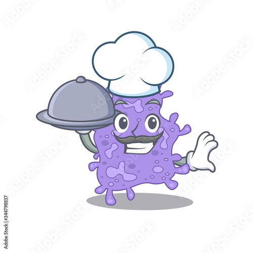 Staphylococcus aureus chef cartoon character serving food on tray © kongvector