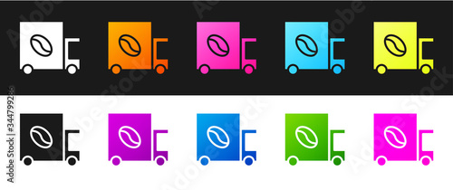 Set Coffee street truck machine icon isolated on black and white background. Delivery coffee. Vector Illustration