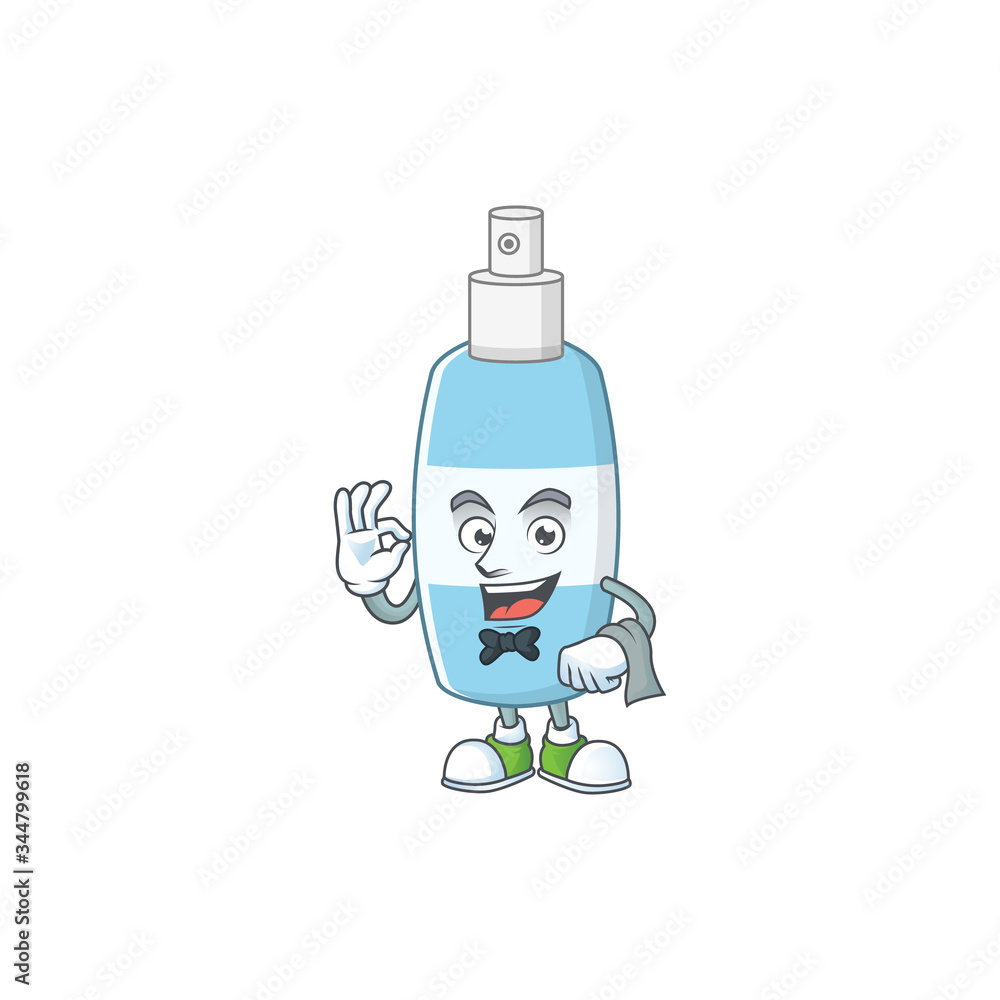 A spray hand sanitizer waiter cartoon character ready to serve