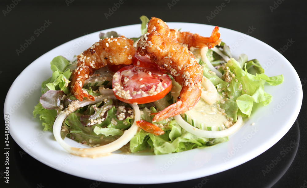 Fried Shrimp Salad with white cream sauce. Fried Shrimp Salad with white cream sauce.
