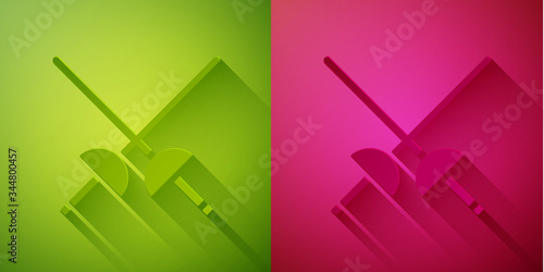 Paper cut Fencing icon isolated on green and pink background. Sport equipment. Paper art style. Vector Illustration
