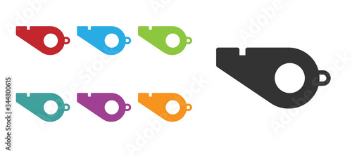 Black Whistle icon isolated on white background. Referee symbol. Fitness and sport sign. Set icons colorful. Vector Illustration