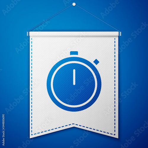 Blue Stopwatch icon isolated on blue background. Time timer sign. Chronometer sign. White pennant template. Vector Illustration