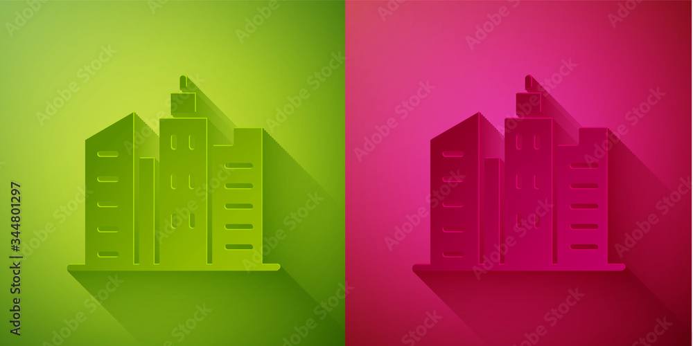 Paper cut City landscape icon isolated on green and pink background. Metropolis architecture panoramic landscape. Paper art style. Vector Illustration