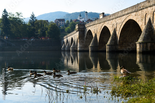 Ducks in Drina river, near the Ottoman Mehmed Pasa Sokolovic Bridge in Visegrad, Bosnia and Herzegovina.