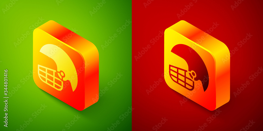 Isometric American football helmet icon isolated on green and red background. Square button. Vector Illustration Isometric American football helmet icon isolated on green and red background. Square button. Vector Illustration