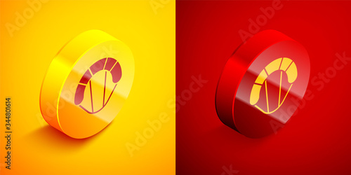 Isometric Parachute icon isolated on orange and red background. Extreme sport. Sport equipment. Circle button. Vector Illustration