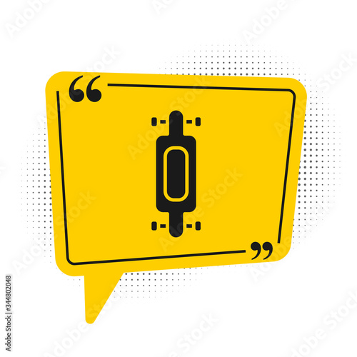 Black Longboard or skateboard cruiser icon isolated on white background. Extreme sport. Sport equipment. Yellow speech bubble symbol. Vector Illustration