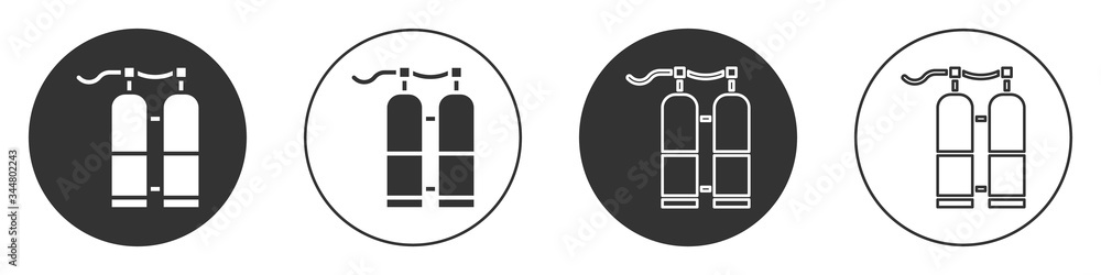 Black Aqualung icon isolated on white background. Oxygen tank for diver. Diving equipment. Extreme sport. Sport equipment. Circle button. Vector Illustration Black Aqualung icon isolated on white background. Oxygen tank for diver. Diving equipment. Extreme sport. Sport equipment. Circle button. Vector Illustration