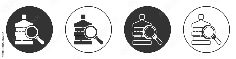 Black Big bottle with clean water and magnifying glass icon isolated on white background. Plastic container for the cooler. Circle button. Vector Illustration Black Big bottle with clean water and magnifying glass icon isolated on white background. Plastic container for the cooler. Circle button. Vector Illustration