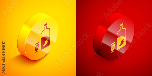 Isometric Vodka with pepper and glass icon isolated on orange and red background. Ukrainian national alcohol. Circle button. Vector Illustration