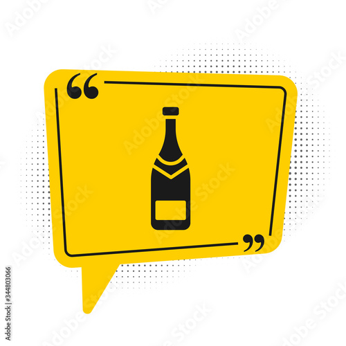 Black Champagne bottle icon isolated on white background. Yellow speech bubble symbol. Vector Illustration