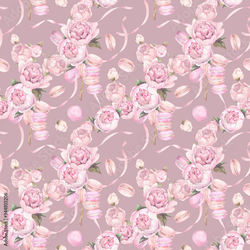 Seamless pattern of macaroons and peonies. Hand painted watercolor illustration. 