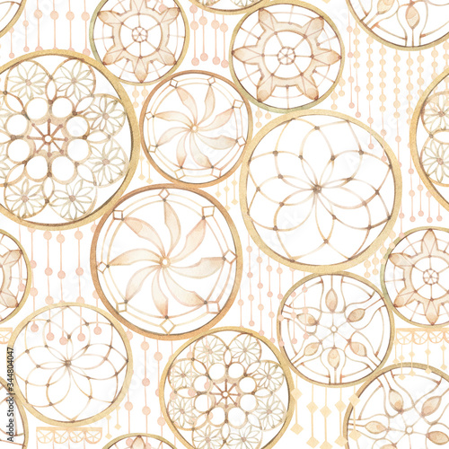 Seamless pattern of laces in boho style. Hand painted watercolor illustration.