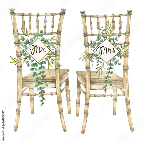 Wedding chairs for groom and bride.  Hand painted watercolor illustration.