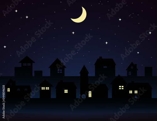 vector illustration of a night city.Vintage town at night.Night sky with moon with house silhouettes.Silhouette of the city and night sky with stars and moon.Vector EPS 10.