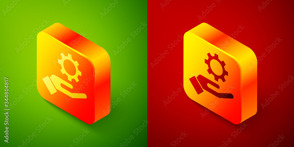 Isometric Settings in the hand icon isolated on green and red background. Square button. Vector Illustration Isometric Settings in the hand icon isolated on green and red background. Square button. Vector Illustration