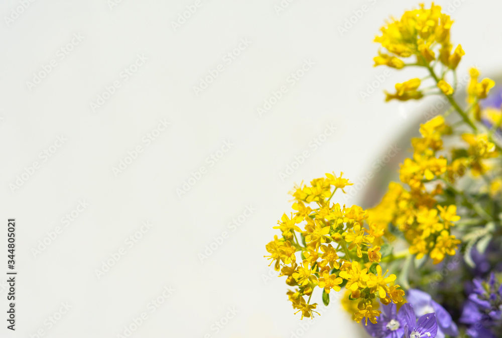Fototapeta Spring flowers in a vase top view. Beautiful yellow and purple flowers in a glass vase. Flowers on a white background