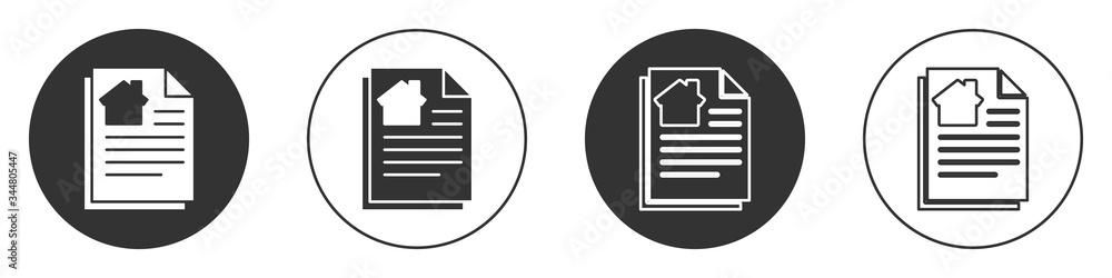 Black House contract icon isolated on white background. Contract creation service, document formation, application form composition. Circle button. Vector Illustration Black House contract icon isolated on white background. Contract creation service, document formation, application form composition. Circle button. Vector Illustration