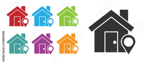 Black Map pointer with house icon isolated on white background. Home location marker symbol. Set icons colorful. Vector Illustration