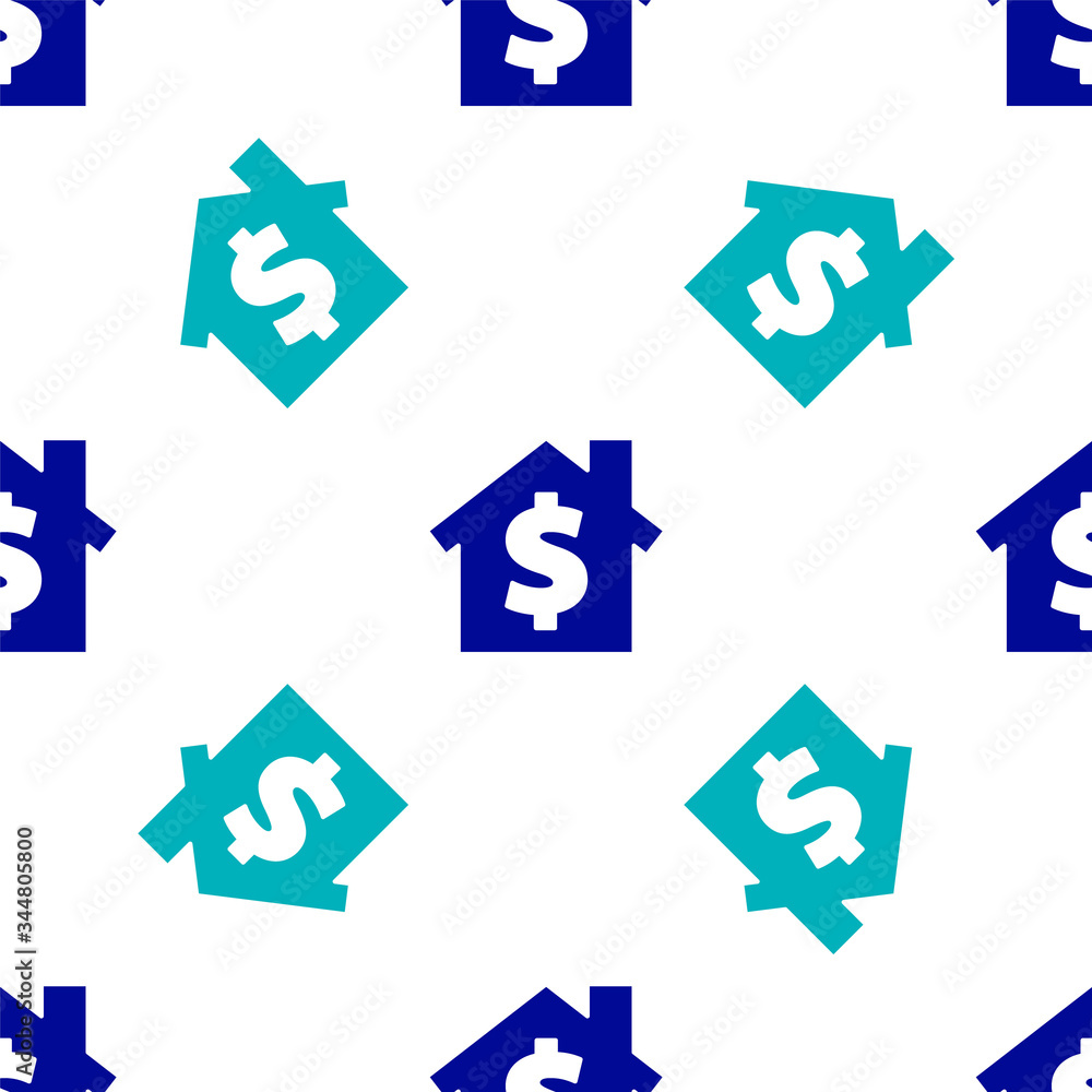 Blue House with dollar symbol icon isolated seamless pattern on white background. Home and money. Real estate concept. Vector Illustration Blue House with dollar symbol icon isolated seamless pattern on white background. Home and money. Real estate concept. Vector Illustration