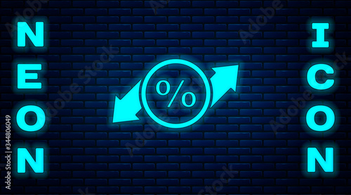 Glowing neon Discount percent tag icon isolated on brick wall background. Shopping tag sign. Special offer sign. Discount coupons symbol. Vector Illustration