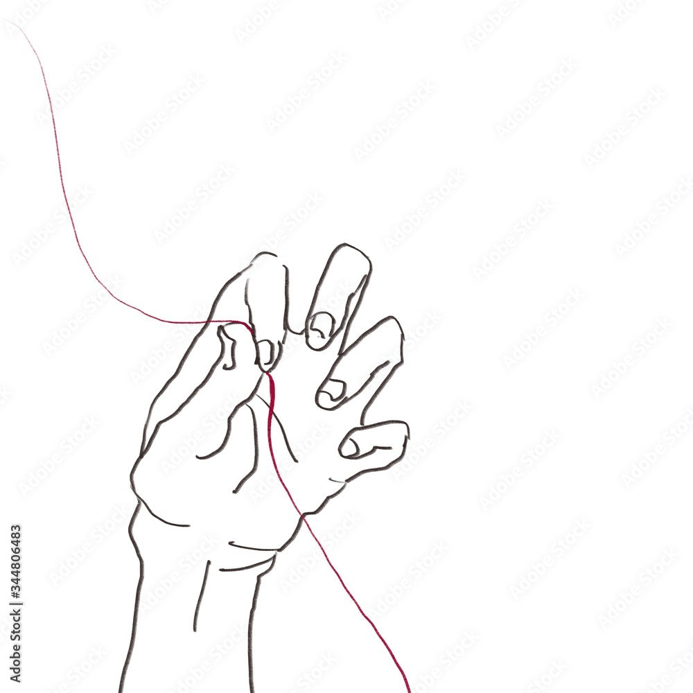 白背景に赤い糸(紐)を摘んだ指(手) 白背景に赤い糸(紐)を摘んだ指(手)