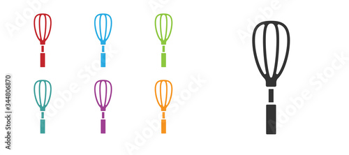 Black Kitchen whisk icon isolated on white background. Cooking utensil, egg beater. Cutlery sign. Food mix symbol. Set icons colorful. Vector Illustration