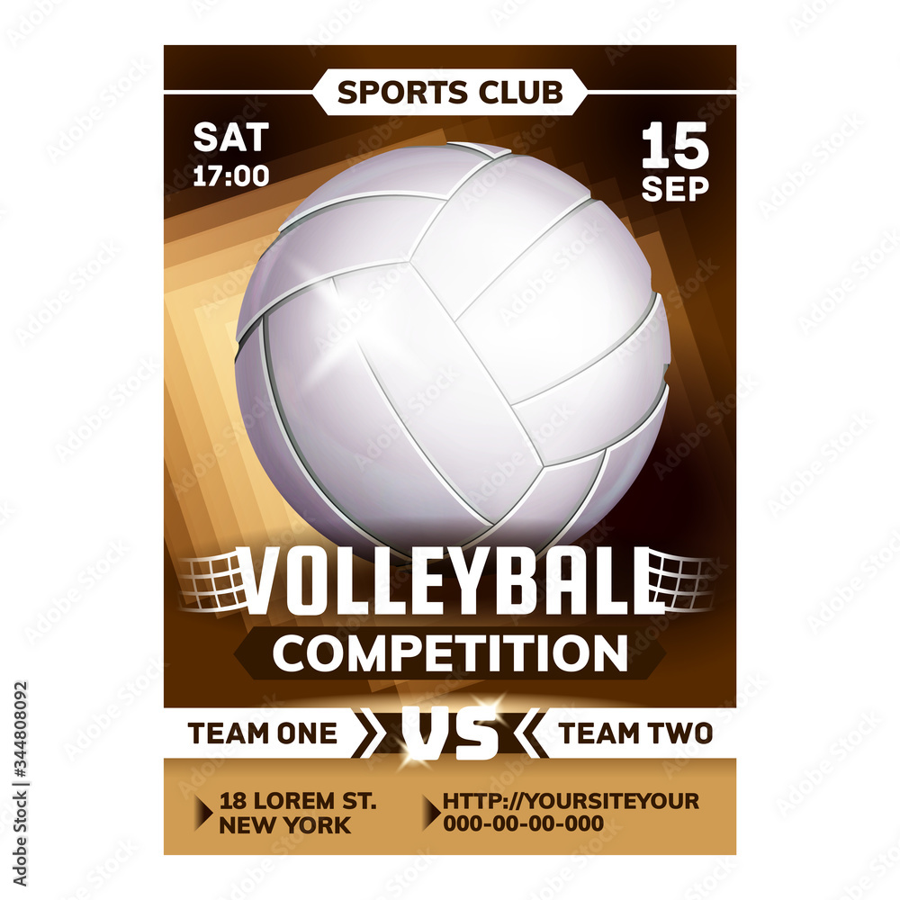 Volleyball Sport Competition Leaflet Poster Vector. Playing Ball And Set On National Volleyball Match Promotion Banner. Coastal Athletic Non-contact And Combination Game Concept Template Illustration