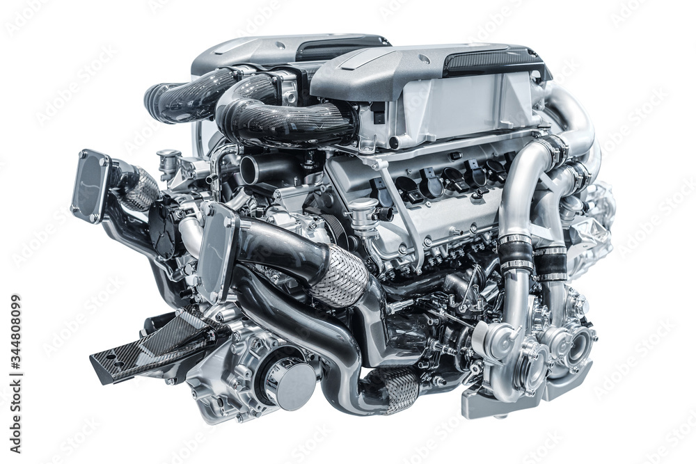Modern high-tech and efficient engine isolated on a white background. Concept of valve maintenance and gasoline consumption Modern high-tech and efficient engine isolated on a white background. Concept of valve maintenance and gasoline consumption