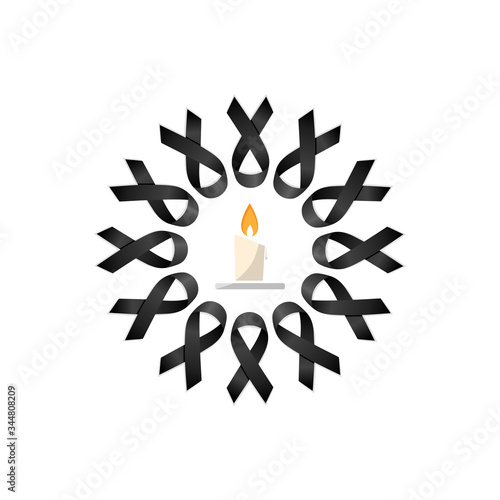 Black ribbon. Wreath with candle. Vector illustration
