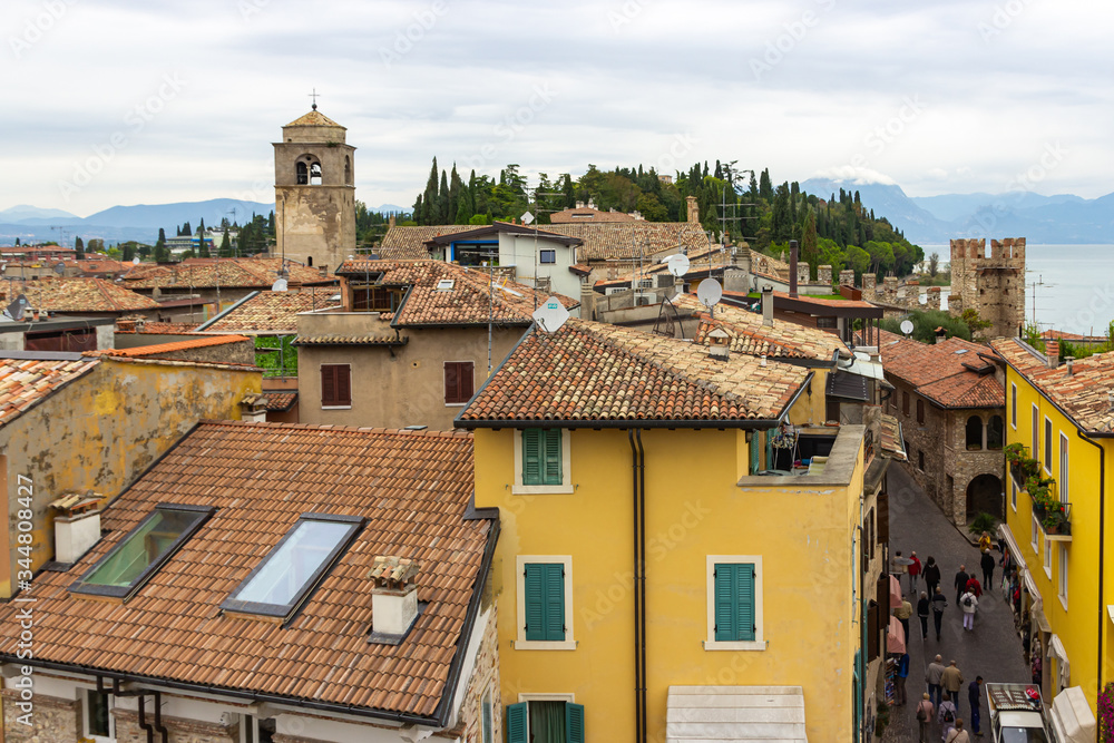 View of the city from the height of the Castello Scaligero fortress in the Sirmione town in Lombardy, northern Italy